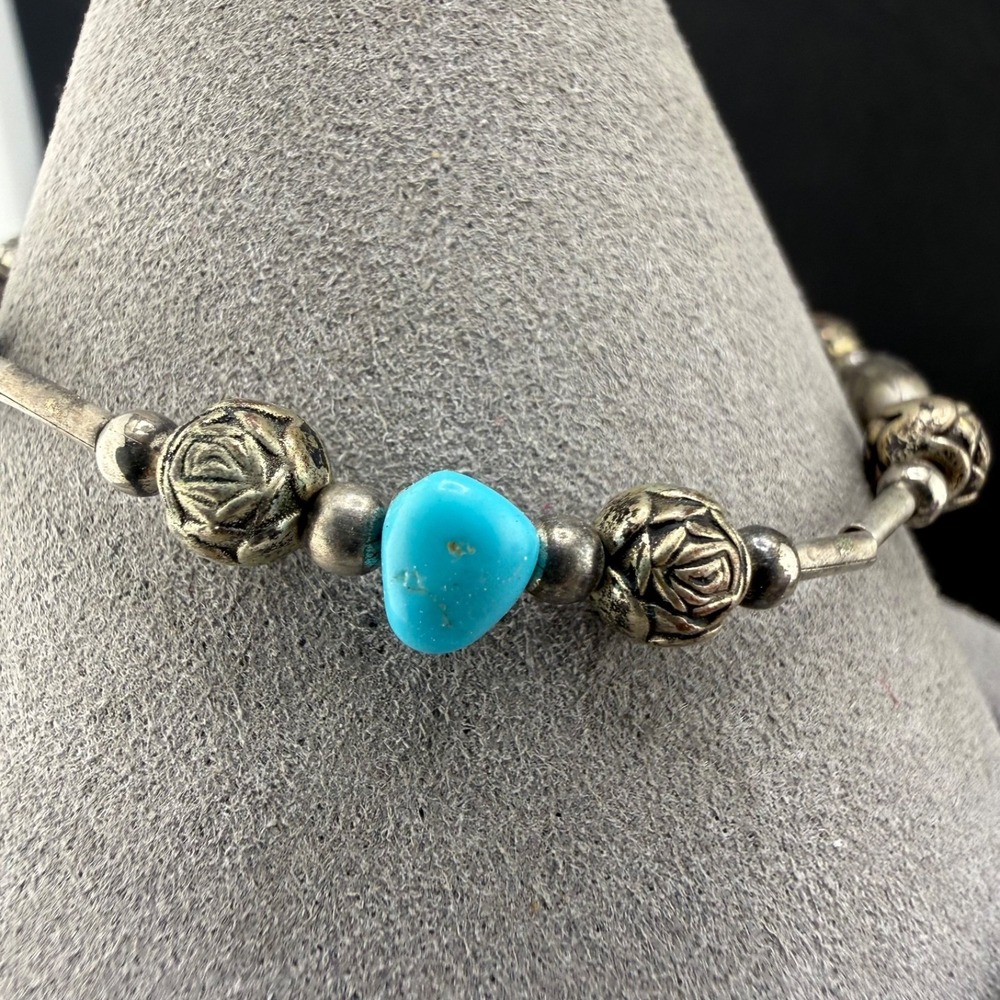 Vintage Beaded Bracelet Blue Silver Tone‎ 7" - Picture 4 of 10